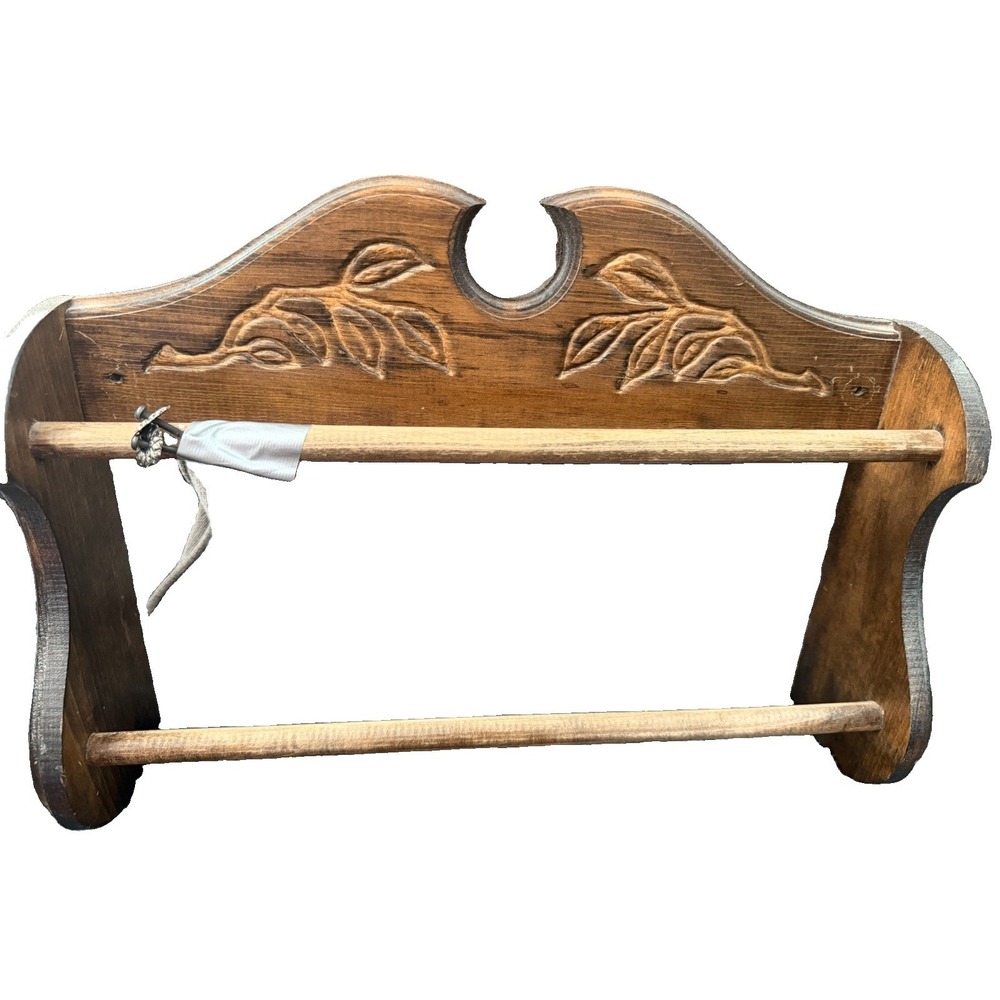 Vintage Wood Double Roll Paper Towel Rack Rustic Country Kitchen Carved